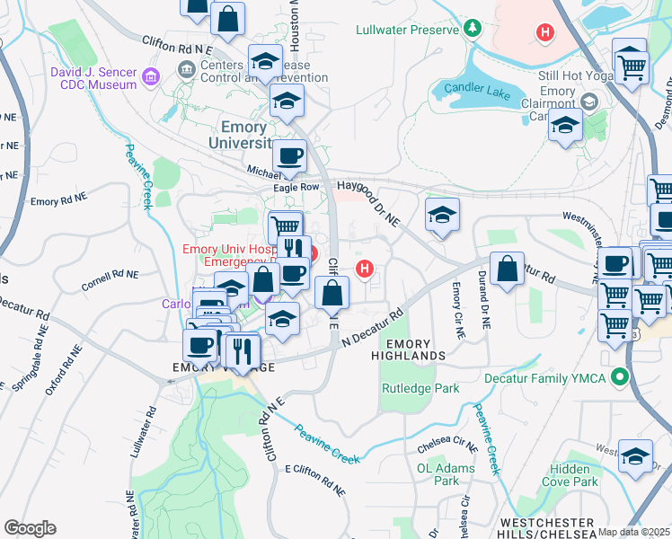 map of restaurants, bars, coffee shops, grocery stores, and more near 1360 Clifton Road in Atlanta