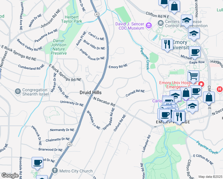 map of restaurants, bars, coffee shops, grocery stores, and more near 1327 Harvard Road Northeast in Atlanta