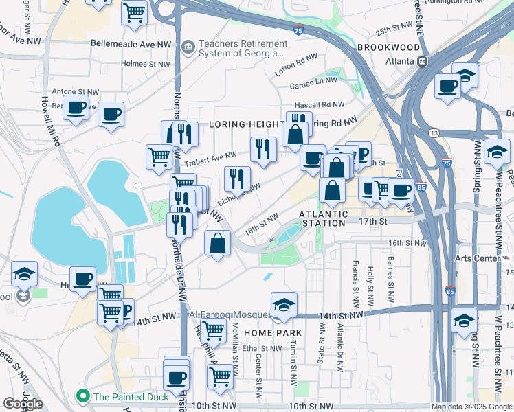 map of restaurants, bars, coffee shops, grocery stores, and more near in Atlanta