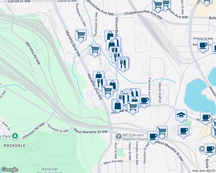 map of restaurants, bars, coffee shops, grocery stores, and more near 1269 Mackintosh Park Northwest in Atlanta