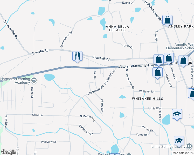 map of restaurants, bars, coffee shops, grocery stores, and more near 4090 East Veterans Memorial Highway in Lithia Springs