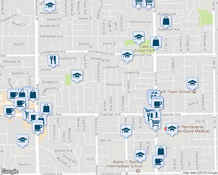 map of restaurants, bars, coffee shops, grocery stores, and more near 11751 Easy Way in Garden Grove