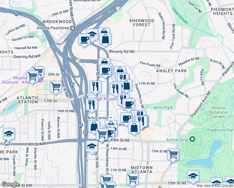 map of restaurants, bars, coffee shops, grocery stores, and more near in Atlanta
