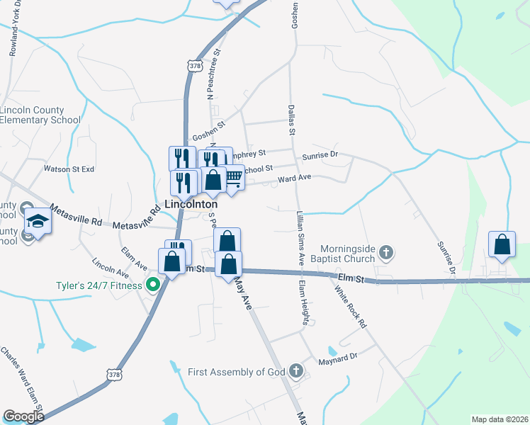 map of restaurants, bars, coffee shops, grocery stores, and more near 155 Spring Court in Lincolnton