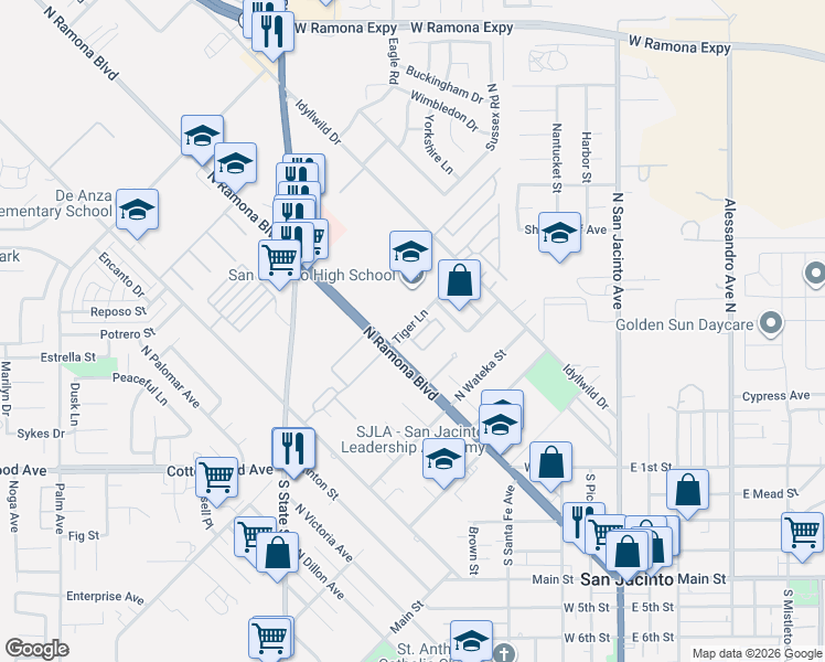 map of restaurants, bars, coffee shops, grocery stores, and more near 117 Tiger Lane in San Jacinto