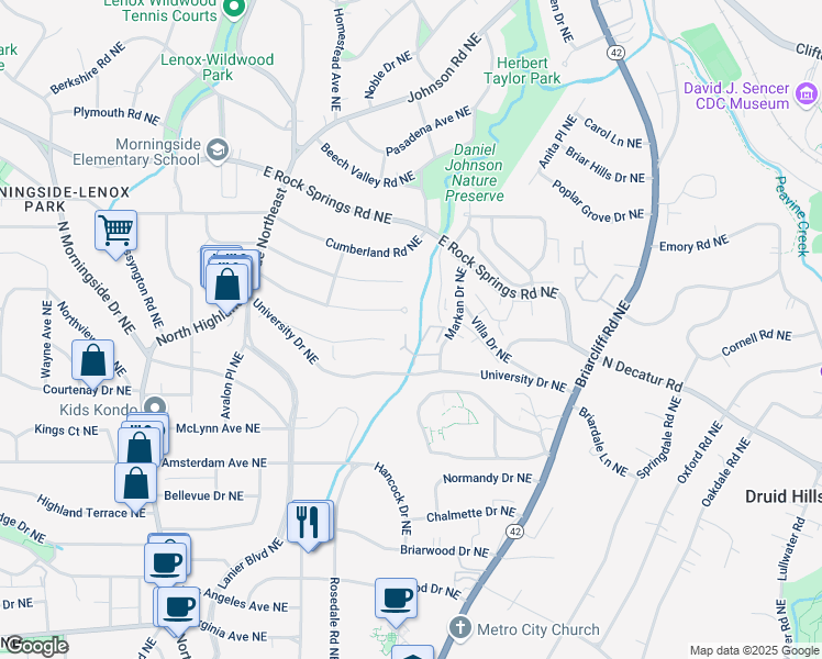 map of restaurants, bars, coffee shops, grocery stores, and more near 1068 Woodbridge Hollow Northeast in Atlanta