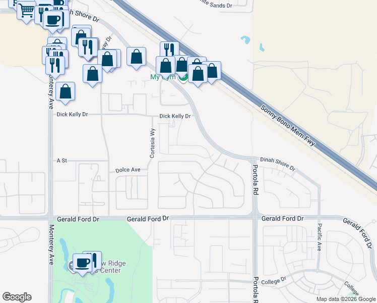 map of restaurants, bars, coffee shops, grocery stores, and more near 35625 Raphael Drive in Palm Desert
