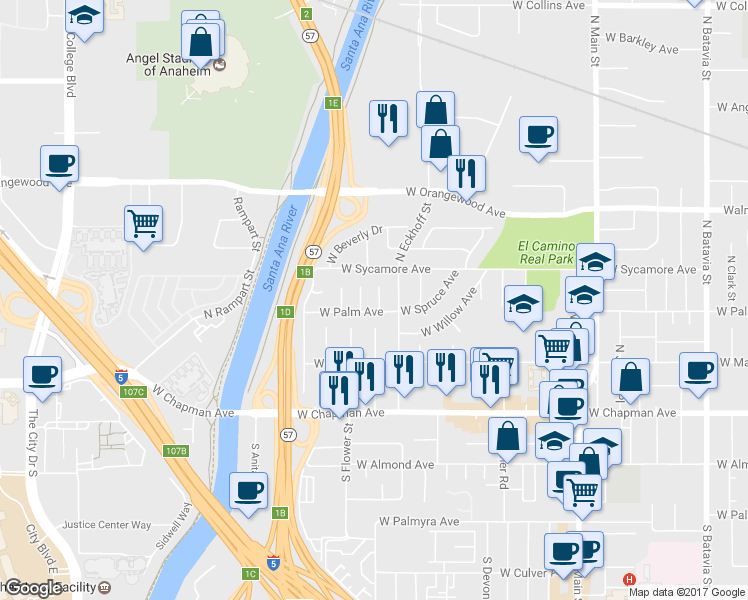 map of restaurants, bars, coffee shops, grocery stores, and more near 320 North Stevens Street in Orange