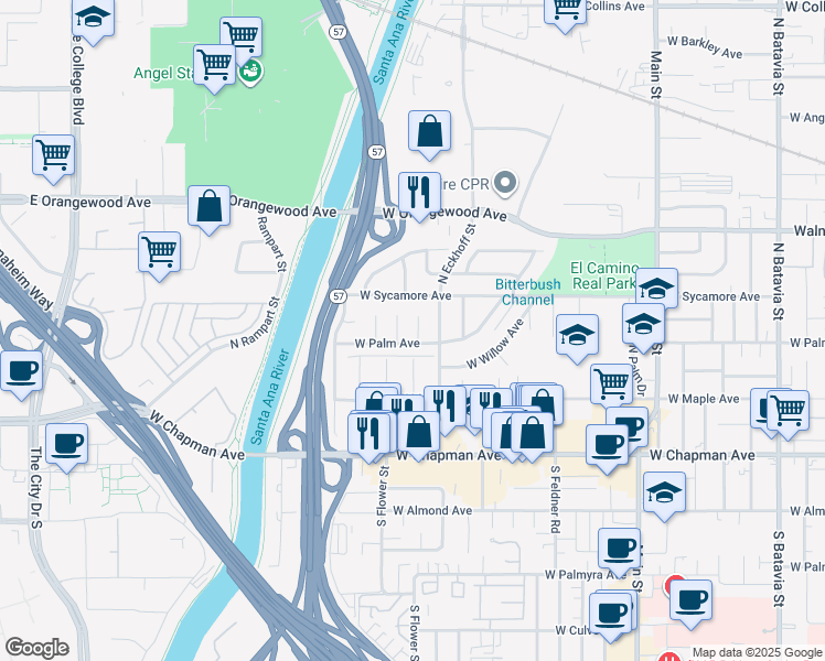 map of restaurants, bars, coffee shops, grocery stores, and more near 320 North Stevens Street in Orange