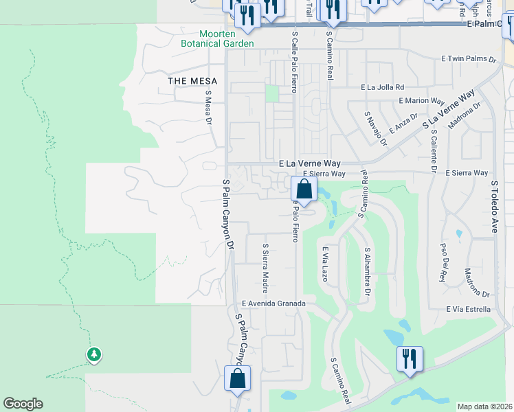 map of restaurants, bars, coffee shops, grocery stores, and more near 2190 South Palm Canyon Drive in Palm Springs