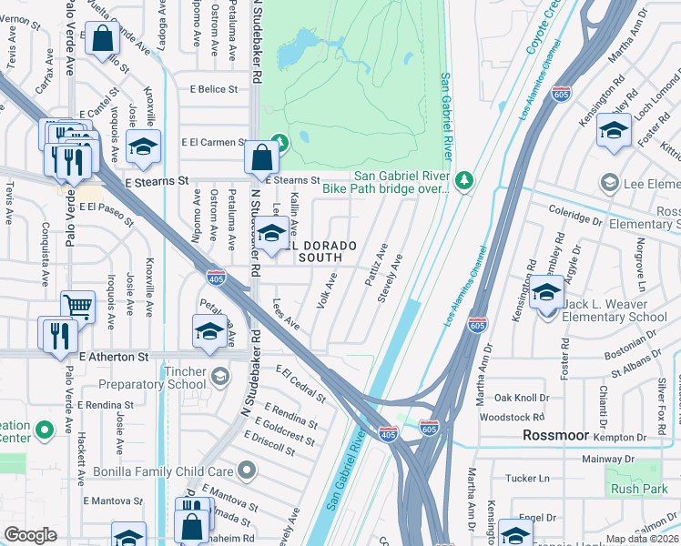 map of restaurants, bars, coffee shops, grocery stores, and more near 1956 Volk Avenue in Long Beach