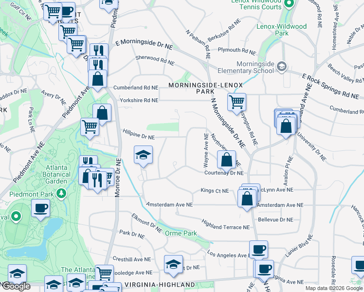 map of restaurants, bars, coffee shops, grocery stores, and more near 1366 Greenland Drive Northeast in Atlanta