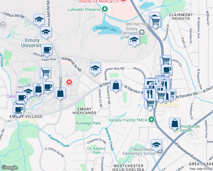 map of restaurants, bars, coffee shops, grocery stores, and more near 1911 North Decatur Road in Atlanta