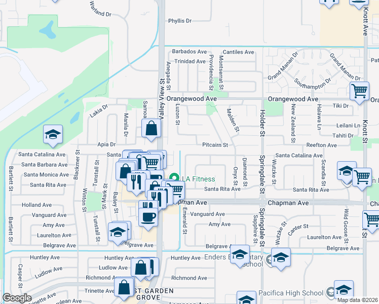 map of restaurants, bars, coffee shops, grocery stores, and more near 6131 Santa Catalina Avenue in Garden Grove
