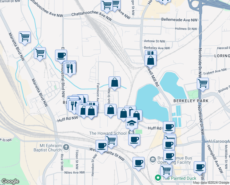 map of restaurants, bars, coffee shops, grocery stores, and more near 1360 Boyd Avenue Northwest in Atlanta