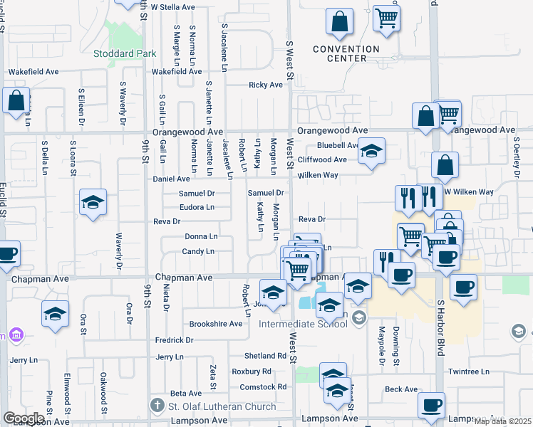 map of restaurants, bars, coffee shops, grocery stores, and more near 11762 Kathy Lane in Garden Grove