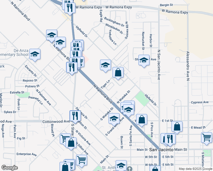 map of restaurants, bars, coffee shops, grocery stores, and more near 119 Tiger Lane in San Jacinto