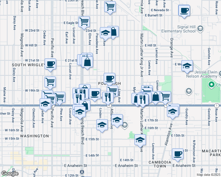 map of restaurants, bars, coffee shops, grocery stores, and more near 1909 Atlantic Avenue in Long Beach