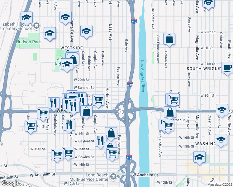 map of restaurants, bars, coffee shops, grocery stores, and more near 1901 Fashion Avenue in Long Beach