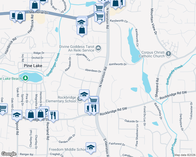 map of restaurants, bars, coffee shops, grocery stores, and more near 550 North Hairston Road in Stone Mountain