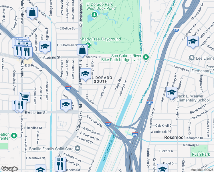 map of restaurants, bars, coffee shops, grocery stores, and more near 1956 Volk Avenue in Long Beach