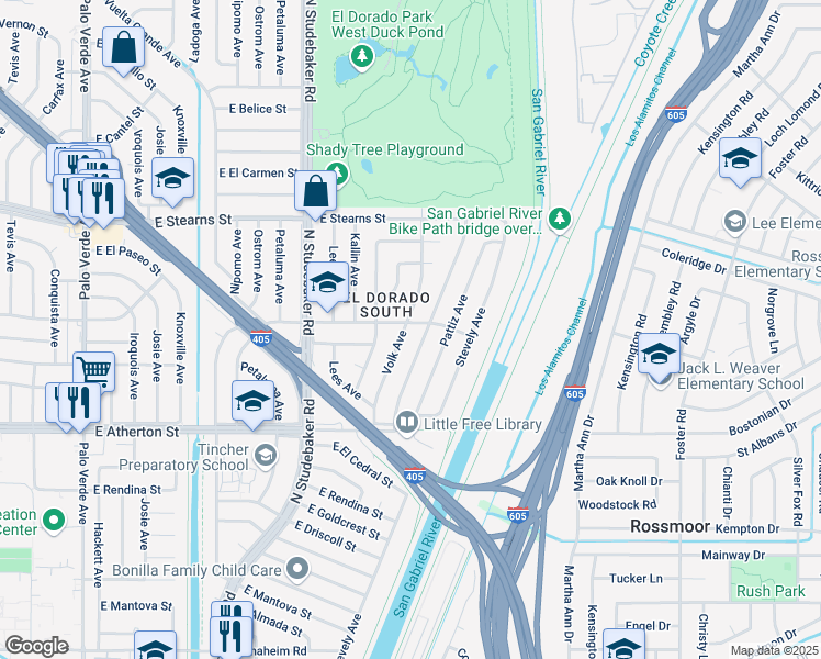 map of restaurants, bars, coffee shops, grocery stores, and more near 1956 Volk Avenue in Long Beach
