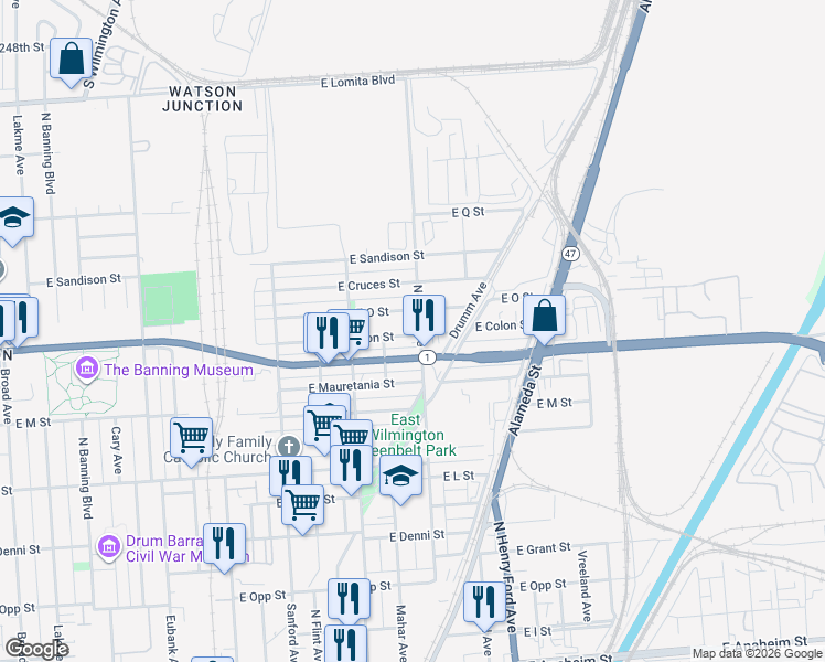 map of restaurants, bars, coffee shops, grocery stores, and more near 1437 East Colon Street in Los Angeles
