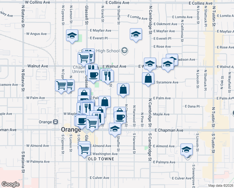 map of restaurants, bars, coffee shops, grocery stores, and more near 324 North Shaffer Street in Orange