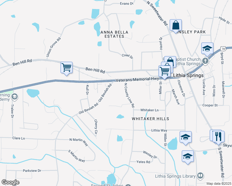 map of restaurants, bars, coffee shops, grocery stores, and more near 3974 Veterans Memorial Highway in Lithia Springs