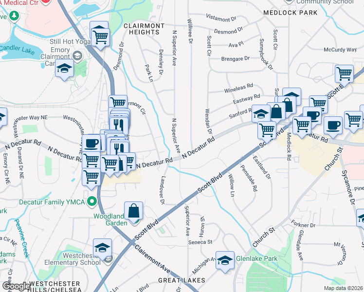map of restaurants, bars, coffee shops, grocery stores, and more near 547 North Superior Avenue in Decatur