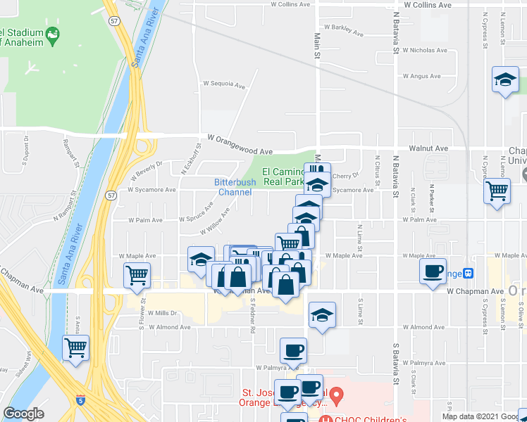 map of restaurants, bars, coffee shops, grocery stores, and more near 338 N Elm St in Orange