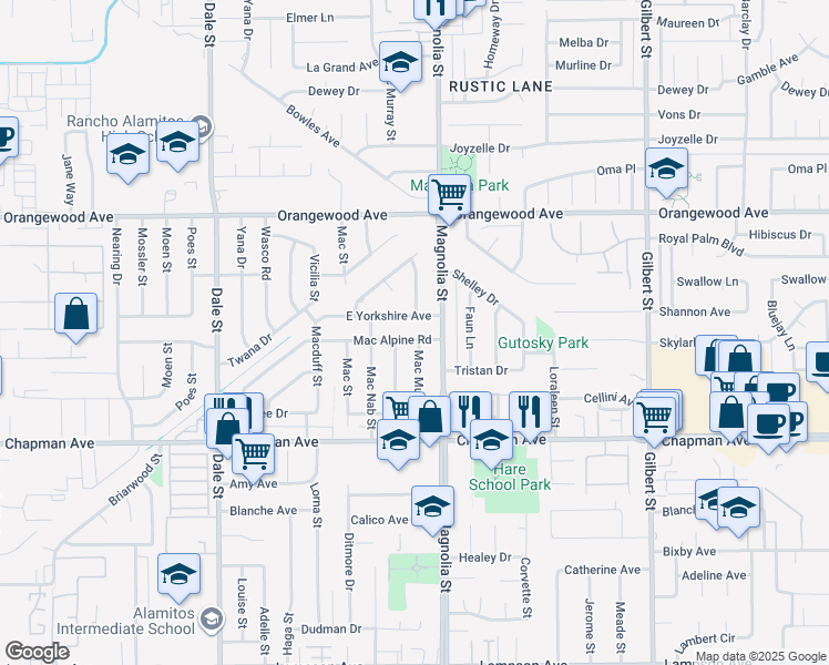 map of restaurants, bars, coffee shops, grocery stores, and more near 8921 Mac Alpine Road in Garden Grove