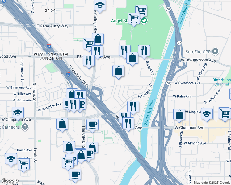 map of restaurants, bars, coffee shops, grocery stores, and more near 300 North Rampart Street in Orange
