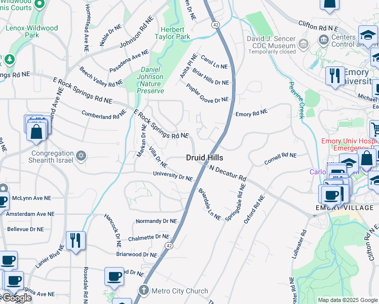 map of restaurants, bars, coffee shops, grocery stores, and more near 1495 East Rock Springs Road Northeast in Atlanta