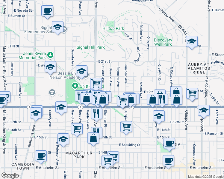 map of restaurants, bars, coffee shops, grocery stores, and more near 1910 Dawson Avenue in Signal Hill