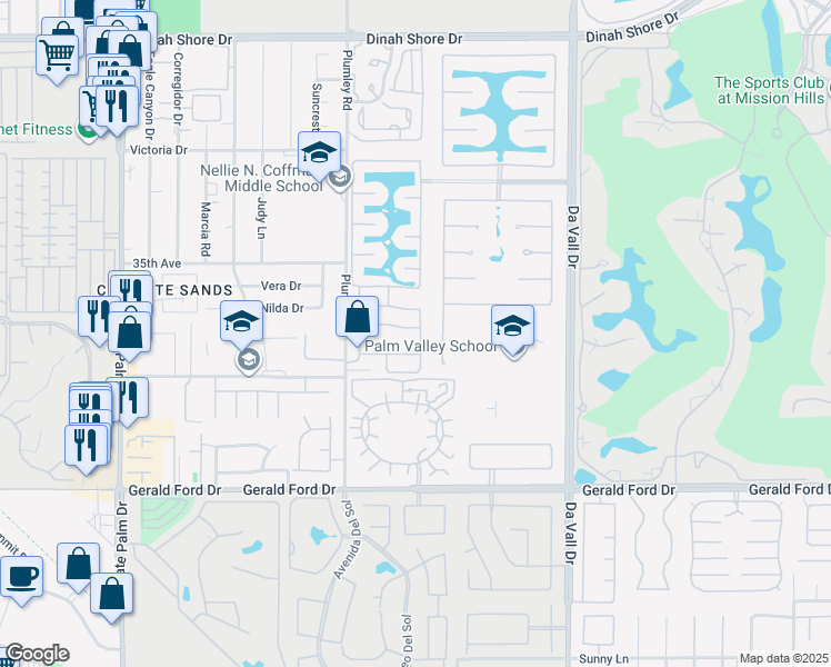 map of restaurants, bars, coffee shops, grocery stores, and more near 1 Lake Mendocino Drive in Rancho Mirage