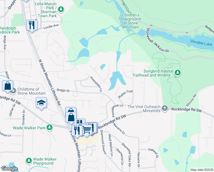 map of restaurants, bars, coffee shops, grocery stores, and more near 553 Catrina Court in Stone Mountain