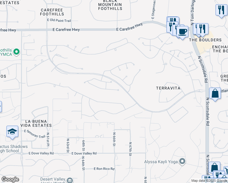 map of restaurants, bars, coffee shops, grocery stores, and more near 6597 Shooting Star Way in Scottsdale