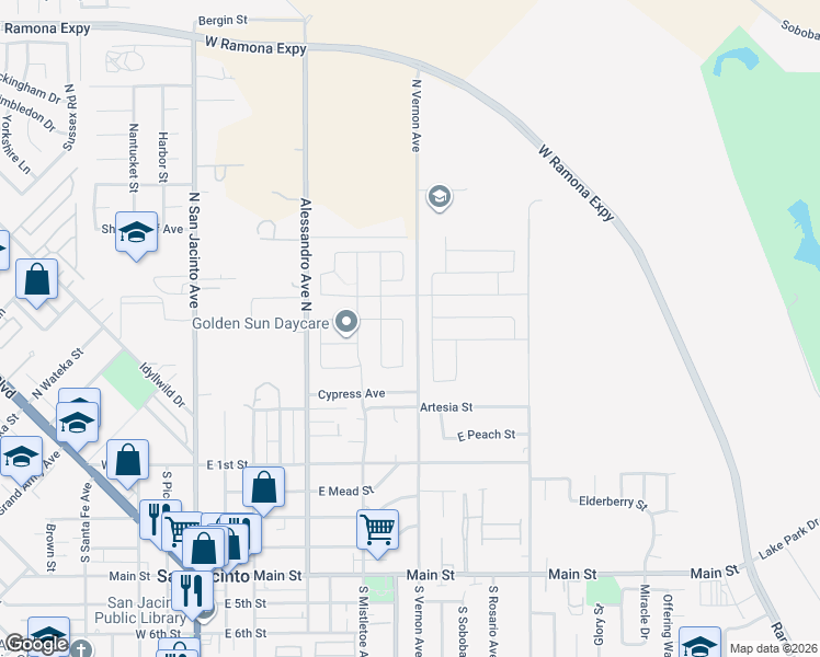 map of restaurants, bars, coffee shops, grocery stores, and more near 247 Scarlet Oak Lane in San Jacinto