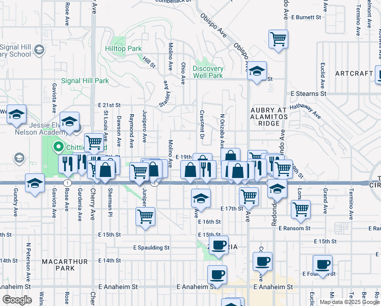 map of restaurants, bars, coffee shops, grocery stores, and more near 1903 Temple Avenue in Signal Hill