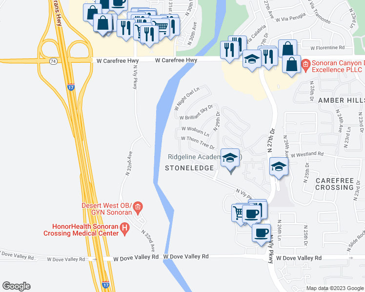 map of restaurants, bars, coffee shops, grocery stores, and more near 33829 North 30th Lane in Phoenix