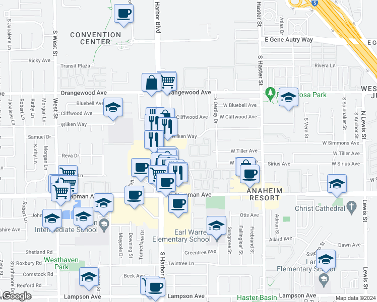 map of restaurants, bars, coffee shops, grocery stores, and more near 489 West Summerfield Circle in Anaheim