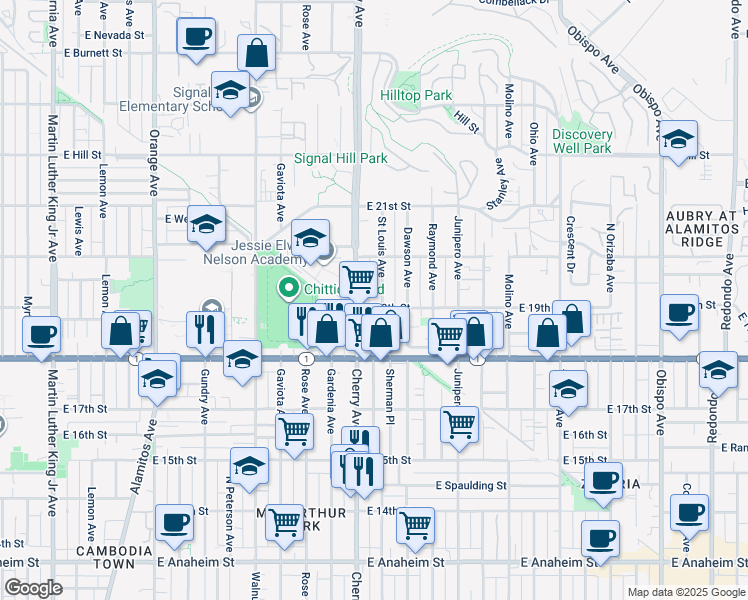 map of restaurants, bars, coffee shops, grocery stores, and more near 1905 Saint Louis Avenue in Signal Hill