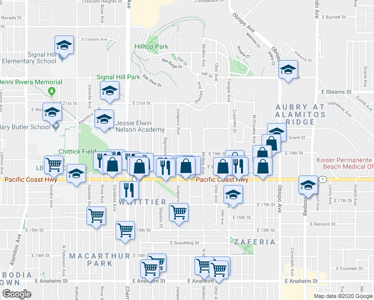 map of restaurants, bars, coffee shops, grocery stores, and more near 1921 Stanley Avenue in Signal Hill