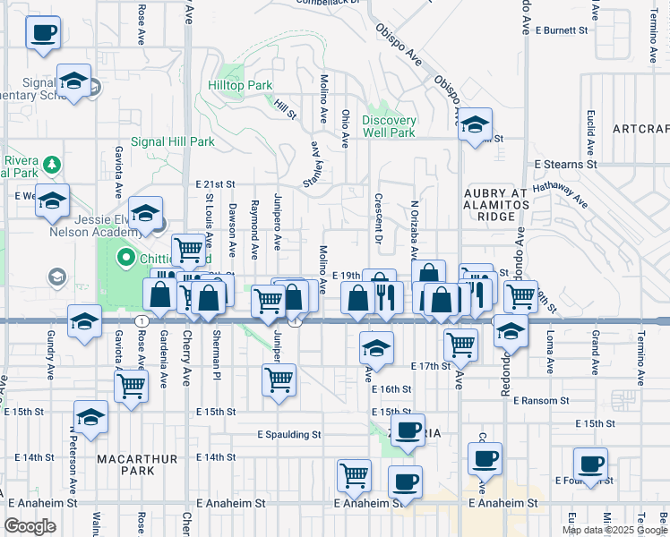 map of restaurants, bars, coffee shops, grocery stores, and more near 2601 East 19th Street in Signal Hill