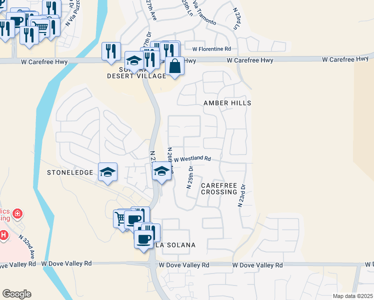 map of restaurants, bars, coffee shops, grocery stores, and more near 2539 West Preserve Way in Phoenix