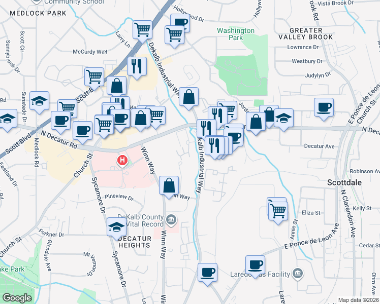 map of restaurants, bars, coffee shops, grocery stores, and more near 1102 Stratford Commons in Decatur