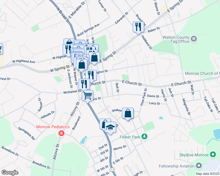 map of restaurants, bars, coffee shops, grocery stores, and more near 308 Colley Street in Monroe