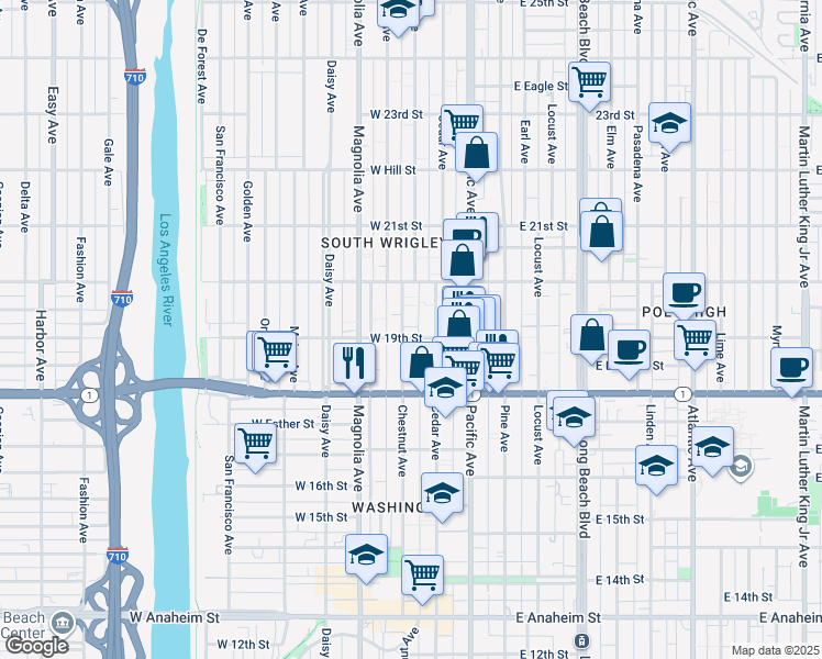 map of restaurants, bars, coffee shops, grocery stores, and more near 1910 Chestnut Avenue in Long Beach