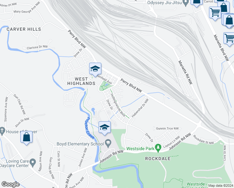 map of restaurants, bars, coffee shops, grocery stores, and more near Noel Street Northwest in Atlanta